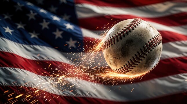 Baseball flies with sparks before blurred US flag. Dynamic action shot shows patriotic motion. USA sport illustration feels energetic and powerful.