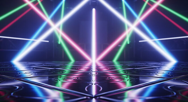 Multi colored laser beams shining down onto a patterned reflective floor in a dark room