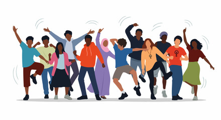 Obraz premium Diverse group of young people dancing and celebrating together in flat vector illustration style. Diverse group of smiling friends enjoying party with vibrant colorful clothing.