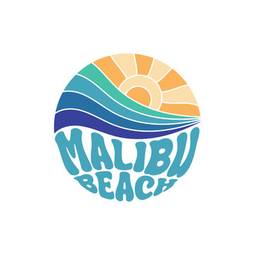 Malibu Beach. Sunshine Paradise Abstract Wave Good Vibes Vintage Print Design Isolated on White Background