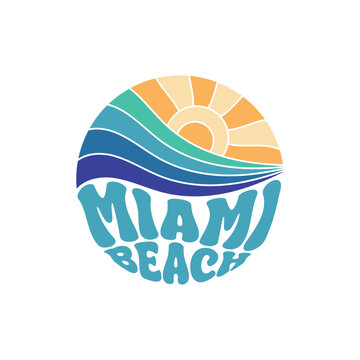 Miami Beach. Sunshine Paradise Abstract Wave Good Vibes Vintage Print Design Isolated on White Background