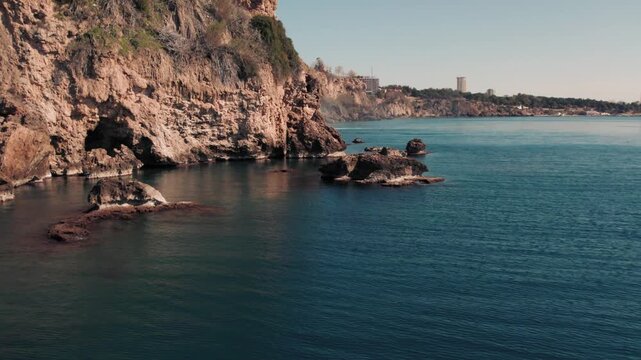 Aerial view of Duden Waterfall dropping into Mediterranean Sea