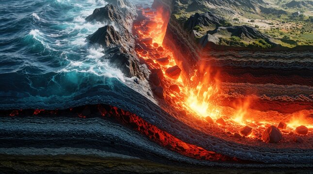 Cross section of earth crust showing tectonic plate subduction. Hot molten magma rises from mantle between oceanic, continental plates. Volcanic activity creates lava flow near blue ocean waves,