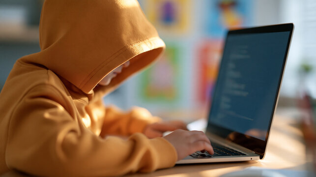Over the shoulder view of a young child in a hoodie typing on a computer keyboard, bright cheerful home background with colorful learning posters, kids coding education, early