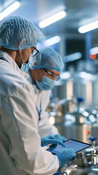 Rear view of two confident european technicians in white protective suits checking industrial mixing equipment together, bright pharmaceutical manufacturing facility background