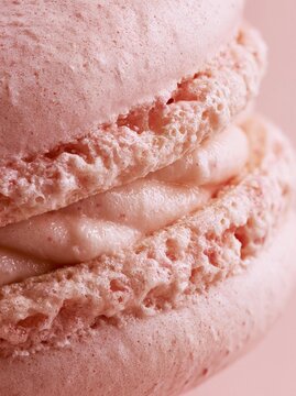 Close-up of a pink macaron. the macaron is stacked on top of each other, with the top macaron slightly overlapping the bottom one.