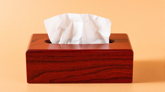 Wooden tissue box holder with white paper napkin. Rectangular dark wood dispenser sits on plain orange background. Elegant home decor accessory for living room office. Minimalist desk organizer