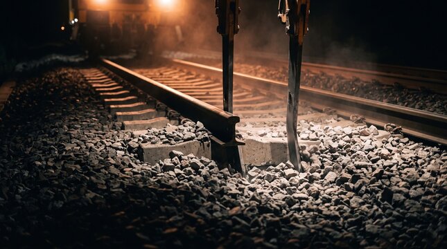 Track tamping tines plunged into ballast either side of a sleeper