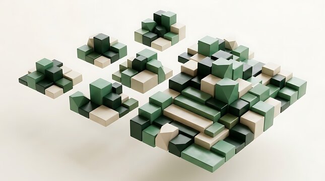 Green Modular Geometric Blocks Abstract 3D Composition