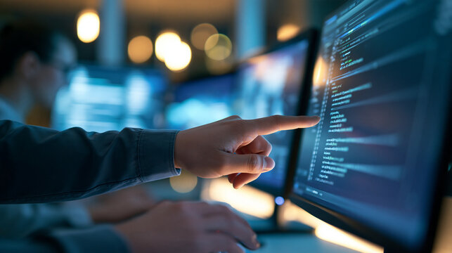 Close up of hands pointing at a line of code on a monitor displaying blockchain software, bright modern technology office background with multiple screens, blockchain engineering,