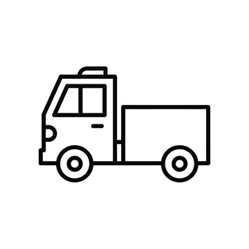 Simple black and white outline of a small flatbed cargo truck, minimalist transport icon vector illustration.
