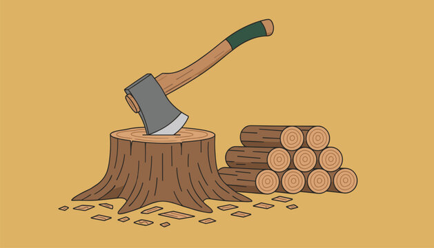 Strong iron axe stuck in a weathered tree stump next to a neat pile of chopped firewood on a golden background.