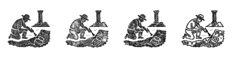 Fototapeta premium Sketch monochrome archaeological excavation icon design set