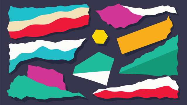 Colorful Torn Paper Collage Elements, Ripped Edge Scrapbook Shapes and Abstract Vector Set