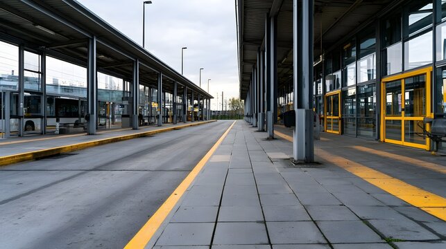 Modern bus station with covered platforms  yellow safety lines  and glass walls under overcast sky