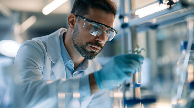 Side profile defocused view of confident european male scientist examining a plant specimen in a test tube, bright modern laboratory background with equipment, plant research,