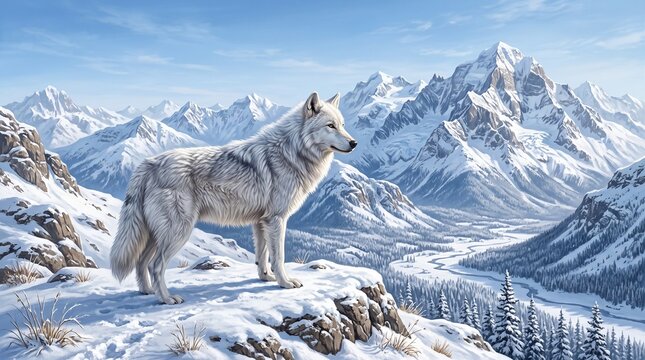 Majestic White Wolf Standing on Snowy Mountain Peak Landscape Digital Illustration