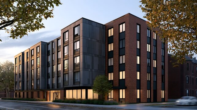 Modern multi story residential building with brick and dark panel facade  illuminated   and autumn trees at street level