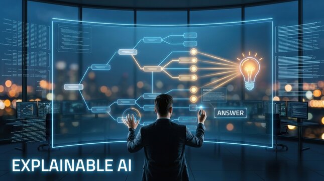 Professional interacts with transparent screen, visualizing complex data structures to explain artificial intelligence processes, fostering understanding of algorithms