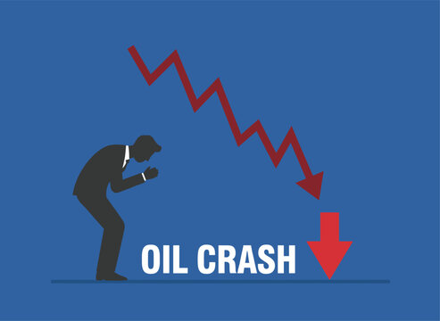 Depressed businessman silhouette standing next to a downward-trending red arrow indicating an oil crash crisis.