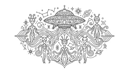 Alien UFO and Extraterrestrials Line Art © bayu