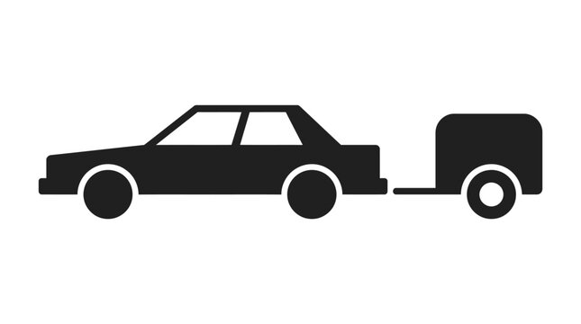Minimalist vector graphic illustration featuring black sedan car pulling heavy utility trailer on white background