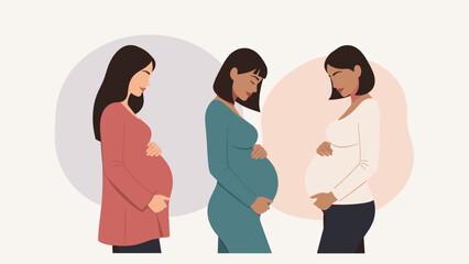 Fototapeta premium Three pregnant women of different ethnicities standing in profile, gently cradling their baby bumps together.