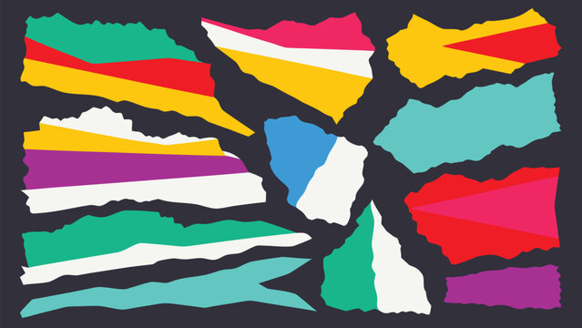 Colorful Torn Paper Collage Elements, Ripped Edge Scrapbook Shapes and Abstract Vector Set