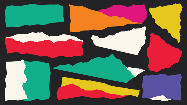 Colorful Torn Paper Collage Elements, Ripped Edge Scrapbook Shapes and Abstract Vector Set