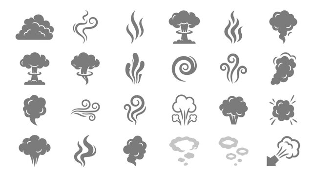 A grid of various smoke, steam, fog, and explosion vector icons isolated on a white background