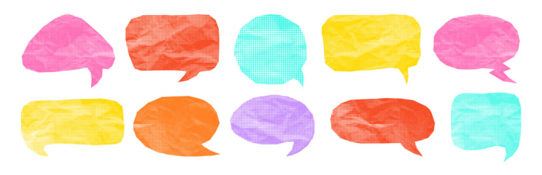 Halftone crumpled paper speech bubble set. Torn wrinkled texture cutout dialog balloons with gritty dotted pattern. Punk distressed text box for social media, banner and poster vector design