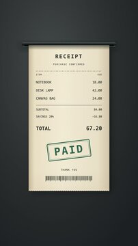 A paper receipt prints item by item, shows a discount and paid stamp, then detaches against a graphite background, vertical seamless loop