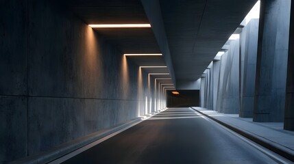 Obraz premium Modern concrete tunnel with recessed lighting and smooth asphalt road leading into distance under structured architectural design
