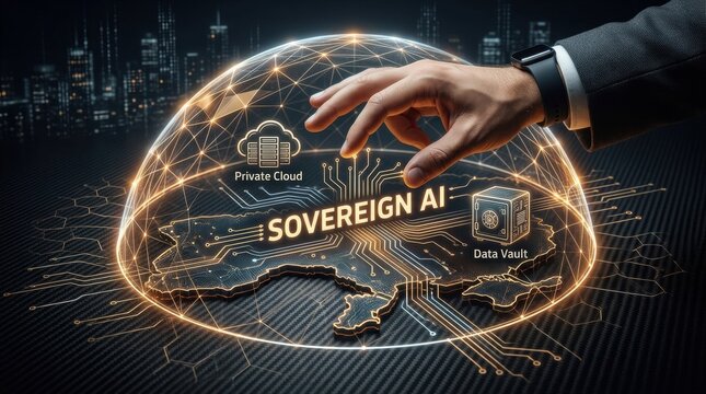 Conceptualizing advanced AI security and data sovereignty, depicting a protective digital framework over critical intellectual assets and cloud infrastructure with human oversight