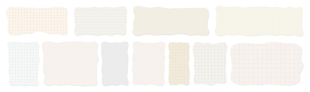Notes Memo Paper Set. Rectangular Organic Wavy Edge Sheets with Grid Dotted Lined Patterns. Textured Neutral Irregular Block, Scrapbook Labels, Notebook Stationery Planner Pages. Vector Illustration
