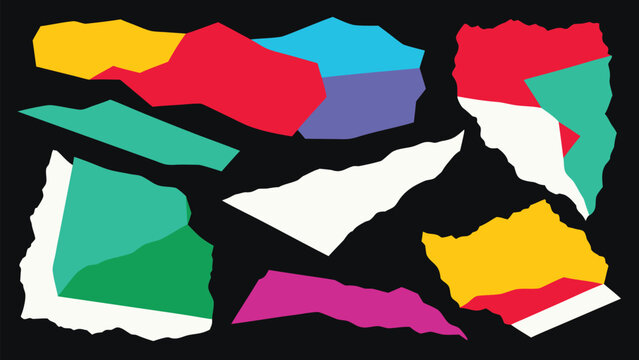 Colorful Torn Paper Collage Elements, Ripped Edge Scrapbook Shapes and Abstract Vector Set