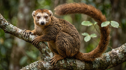 Fototapeta premium Crowned lemur (Eulemur coronatus) perched on tree branch in Madagascar rainforest