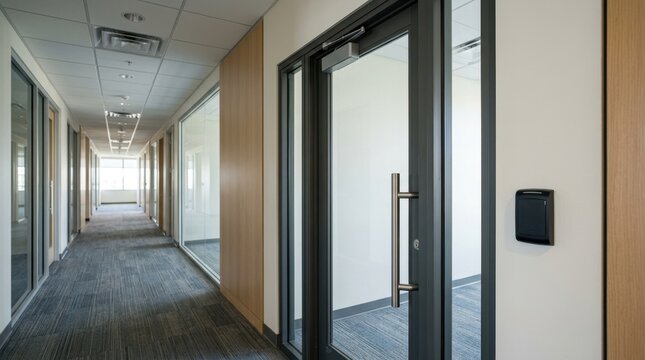 Electronic access control card reader mounted on a wall next to a glass door. Modern corporate office hallway with security system. Secure entrance and workplace privacy concept