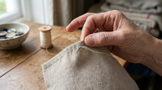 Close up of hands sewing beige linen fabric with needle and thread. Traditional hand stitching craft on wooden table