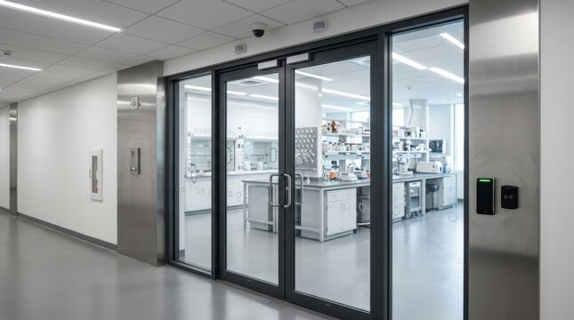 Electronic access control reader mounted next to glass doors of a modern laboratory. Secure entrance to a scientific research facility with restricted entry