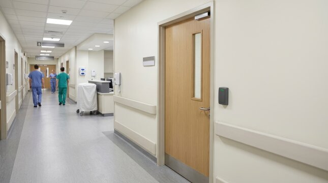 Electronic access control card reader next to wooden door in hospital corridor. Secure restricted area in medical facility