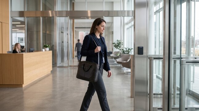 Businesswoman walking through security turnstile in a modern office building lobby. Corporate employee entering secure workplace with electronic access control