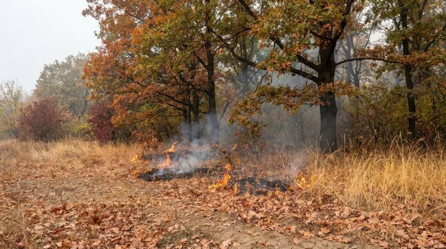 Wildfire burning dry grass and fallen leaves at the edge of an autumn forest. Orange flames and white smoke spreading through dry vegetation. Environmental disaster and climate change concept