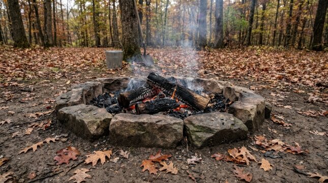 Burning campfire with smoke in an autumn forest. Stone fire pit with logs surrounded by fallen leaves. Outdoor camping and yard cleanup concept