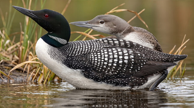 Common loon (Gavia immer) adult swimming in a calm lake with its chick