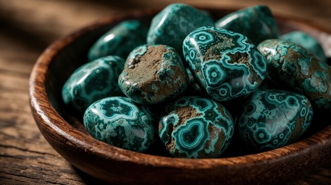 Pile of smooth chrysocolla stones with swirling blue-green patterns rests in wooden bowl. Raw mineral collection shows vibrant colors, natural formations, and earthy texture.