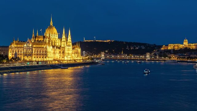 Evening view of the parliament building illumination in Budapest, Hungary.