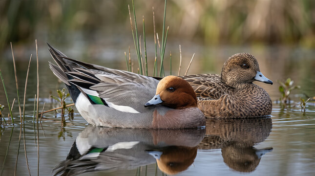 Eurasian Wigeon (Mareca penelope) ducks floating on serene water lake