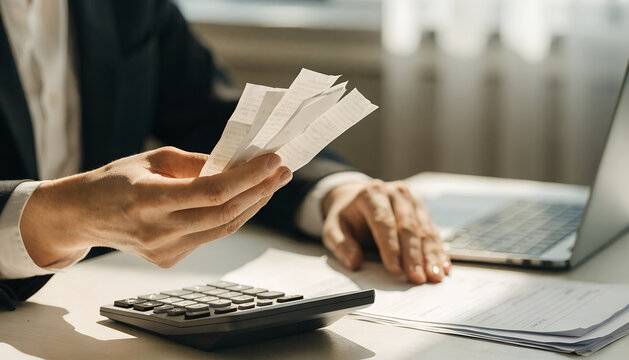 Business professional analyzing receipts, expenses, financial paperwork, calculator and laptop at a desk, illustrating expense tracking, accounting, budgeting, tax preparation, financial management, a