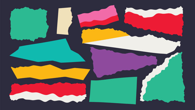 Colorful Torn Paper Collage Elements, Ripped Edge Scrapbook Shapes and Abstract Vector Set